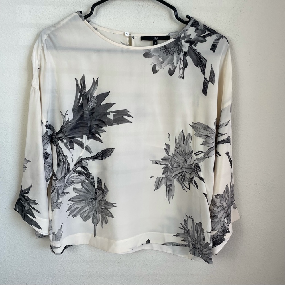 Tibi 100% Silk Ivory and Black Floral Print Blouse